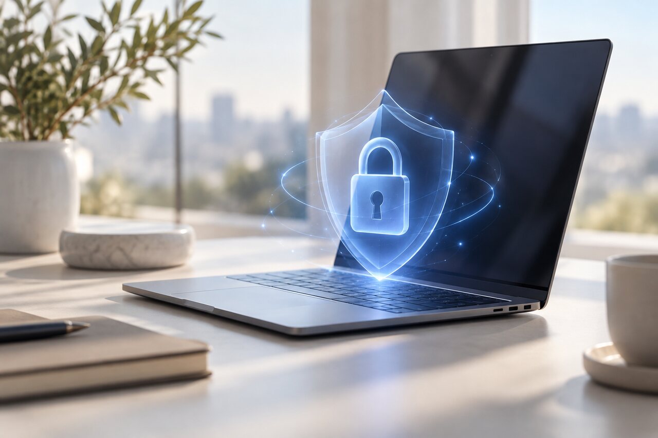A laptop with a glowing padlock representing document security