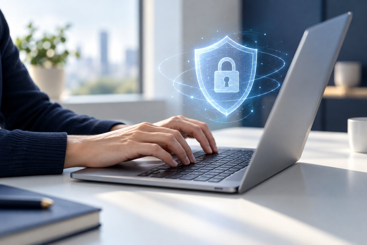 A laptop with a glowing shield and padlock representing secure digital signing