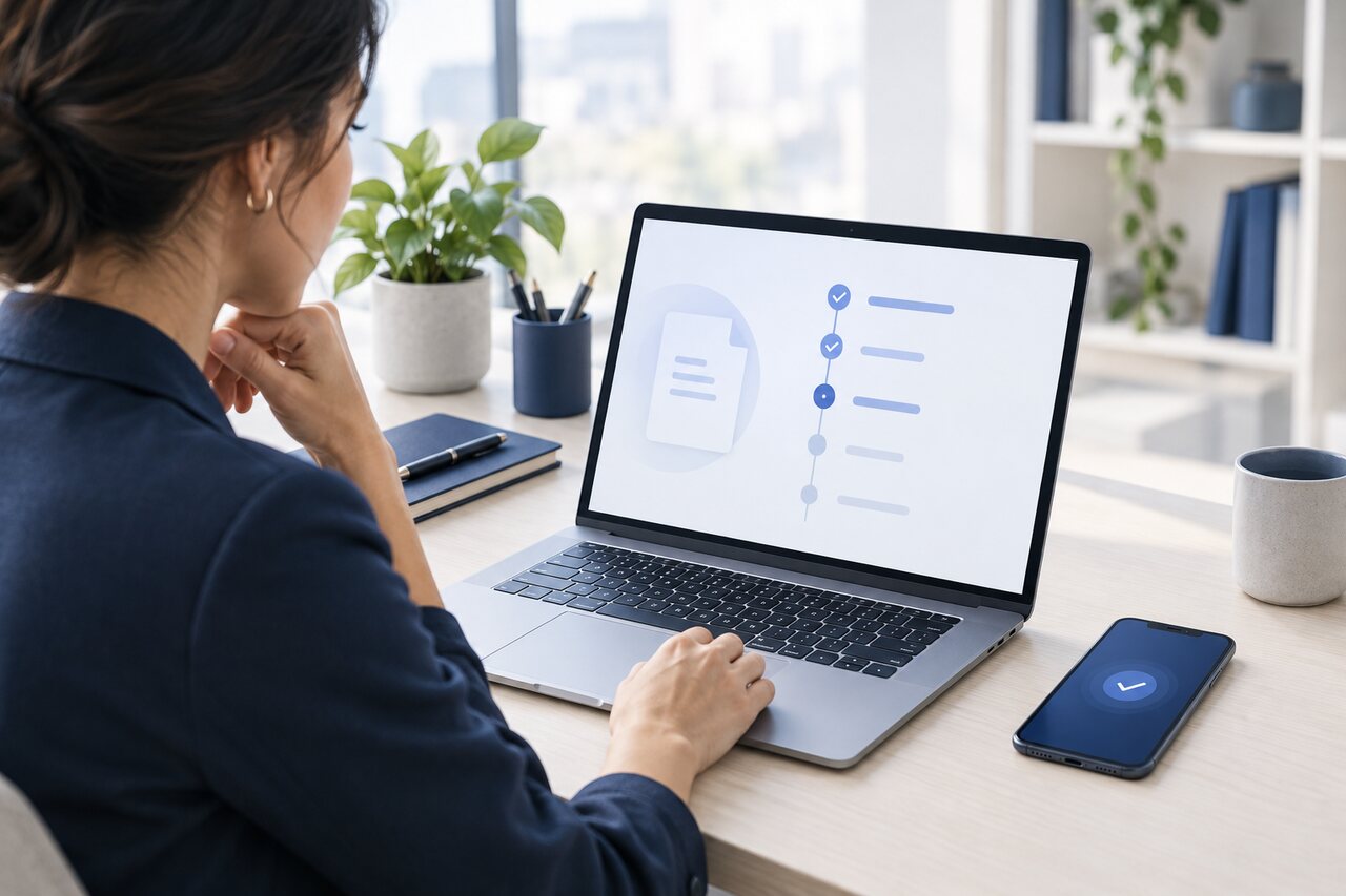 A professional tracking the signing status of a document on a laptop