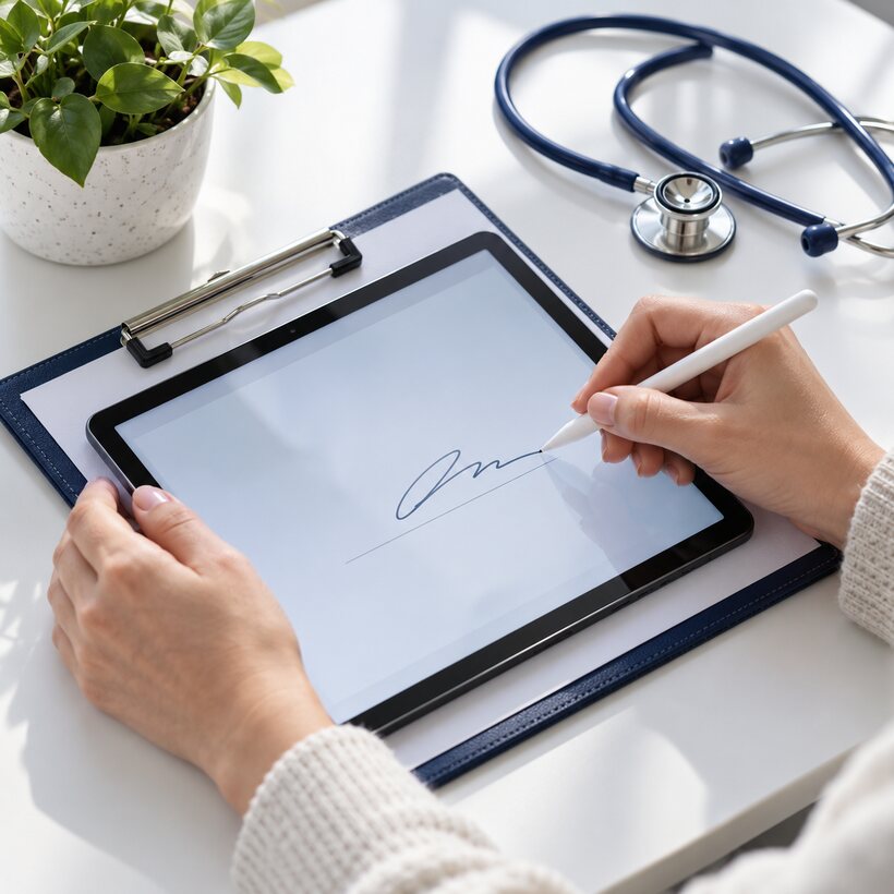 A patient signing a consent form on a tablet handed over by a doctor